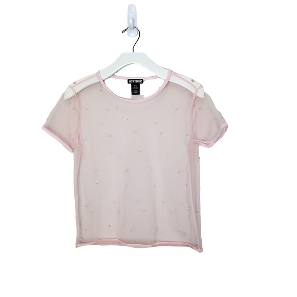 Hot Topic Tops - Hot Topic Womens Coquette Fairy Dainty Pearl Mesh Top S Pink Sheer Embellished